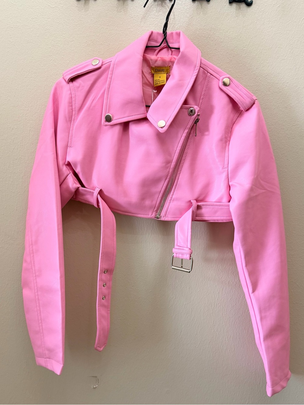 Daisy Bubblegum Pink Cropped Moto Leather Jacket